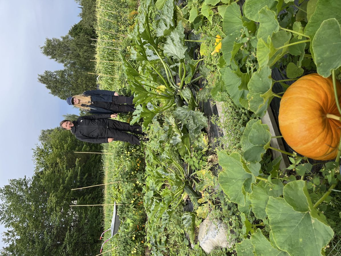 en person som står ved siden av en stor oransje frukt