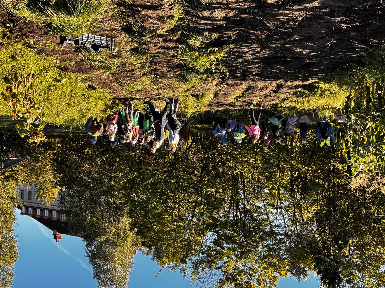 en gruppe mennesker som står på en høyde med trær og en bygning i bakgrunnen